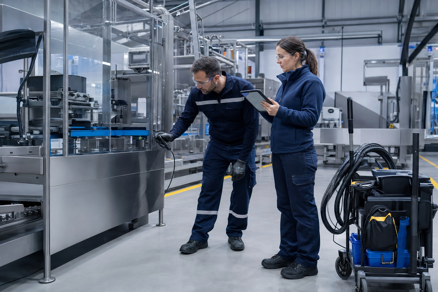 Fotografía hiperrealista corporativa de una nave industrial moderna en funcionamiento mientras un equipo profesional realiza una limpieza técnica por zonas. En primer plano, un operario utiliza una fregadora industrial y otro delimita el área de trabajo; al fondo continúa una línea de producción sin interferencias. Instalación limpia, ordenada y segura, operarios con EPI completos, iluminación industrial equilibrada, perspectiva amplia, sin texto ni logotipos inventados. Formato horizontal 16:9, resolución 1920 × 1080 px, con espacio negativo moderado en el lateral izquierdo.